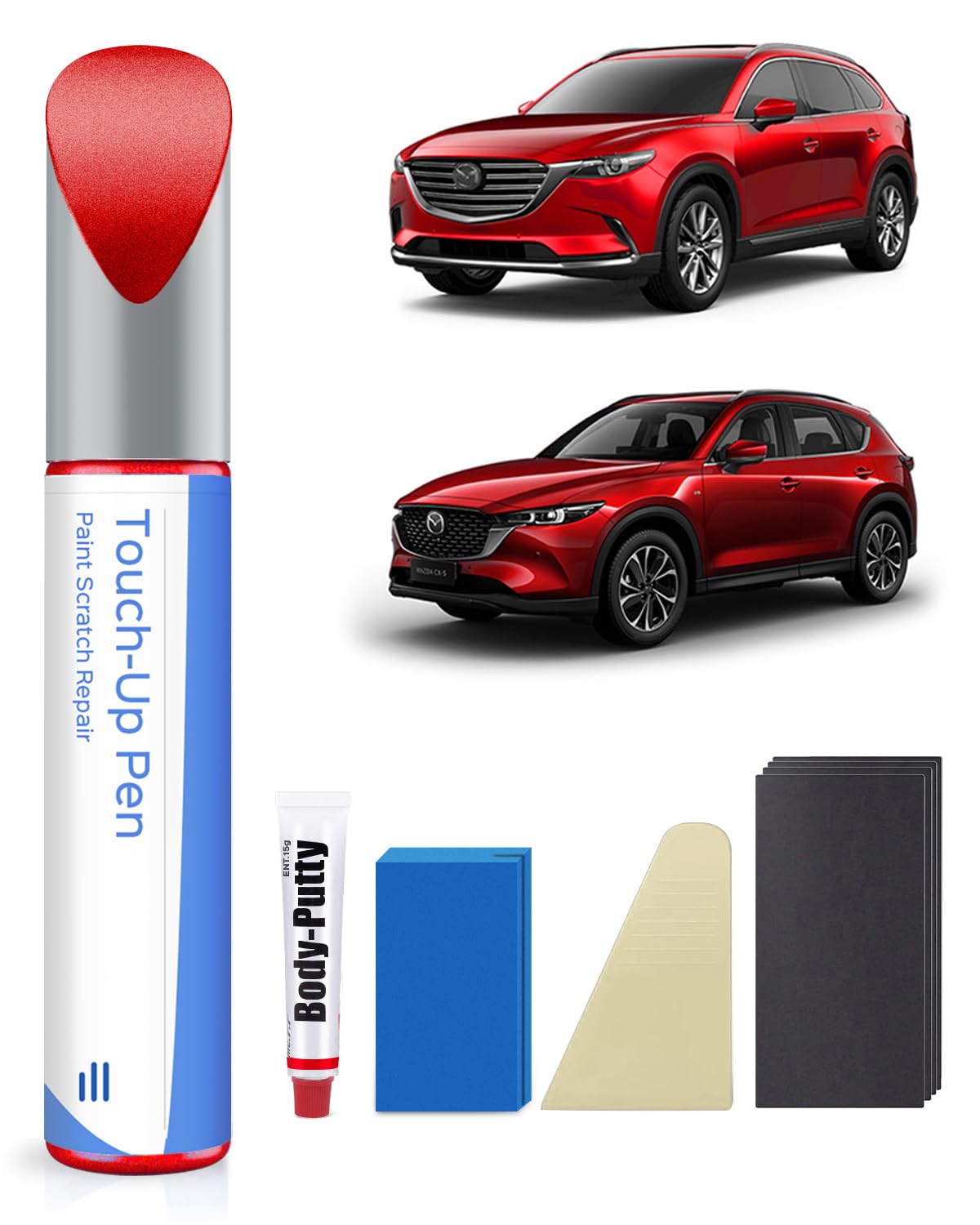 Auto krāsas zīmuļa komplekts Mazda 46V Soul Red Crystal Metallic Tricoat, precīzai šķembu un skrāpējumu labošanai
