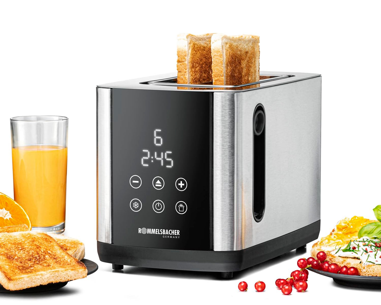 ROMMELSBACHER TOASTER TO 850, 2 platumi atveres maizei līdz XL grauzdiņam, automātiska maizes šķēļu centrēšana, LED displejs, atpakaļskaitīšanas rādītājs, 9 līmeņi, atkausēšanas režīms, maizīšu turētājs, drupatu atvilktne