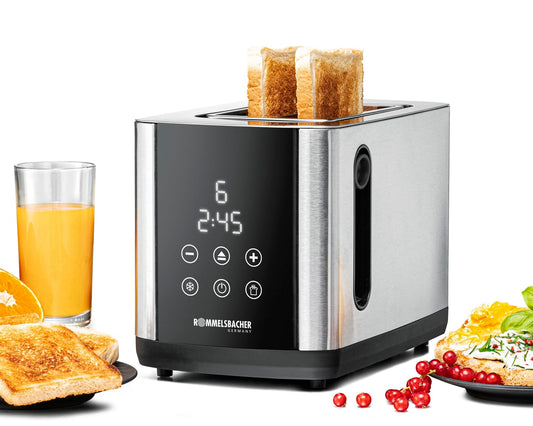 ROMMELSBACHER TOASTER TO 850, 2 platumi atveres maizei līdz XL grauzdiņam, automātiska maizes šķēļu centrēšana, LED displejs, atpakaļskaitīšanas rādītājs, 9 līmeņi, atkausēšanas režīms, maizīšu turētājs, drupatu atvilktne