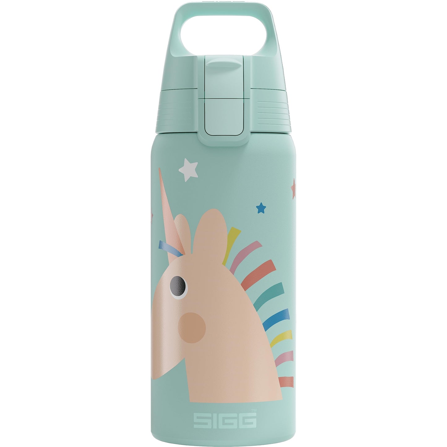 SIGG izolēta bērnu ūdens pudele Shield Therm One Uni Stars, necaurlaidīga, 0,5L, Aqua ar vienradzi
