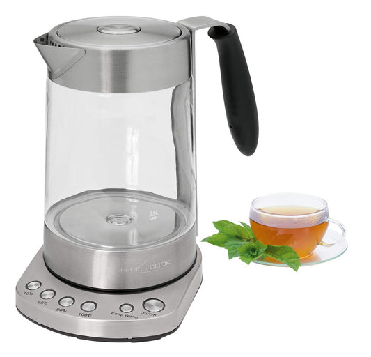 ProfiCook stikla tējkanna - 1,7L, nerūsējošā tērauda korpuss, gumijots rokturis, 3000W, tējas filtrs, uzturēšanas funkcija.