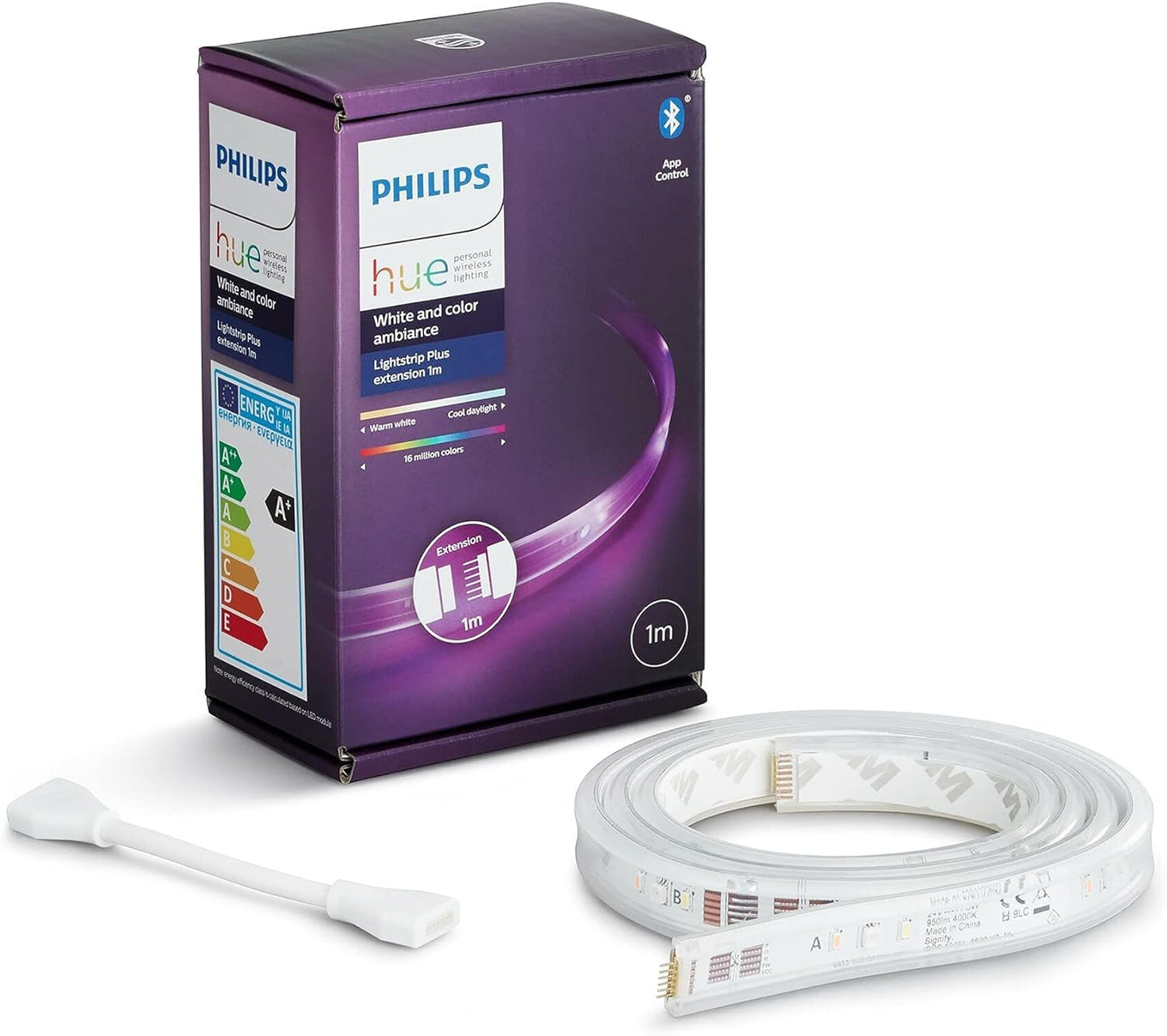 Philips Hue White & Color Ambiance Lightstrip Plus paplašinājums (1 m), dimmējama LED lente Hue sistēmai ar 16 miljoniem krāsu, vieda apgaismojuma vadība ar balsi vai lietotni