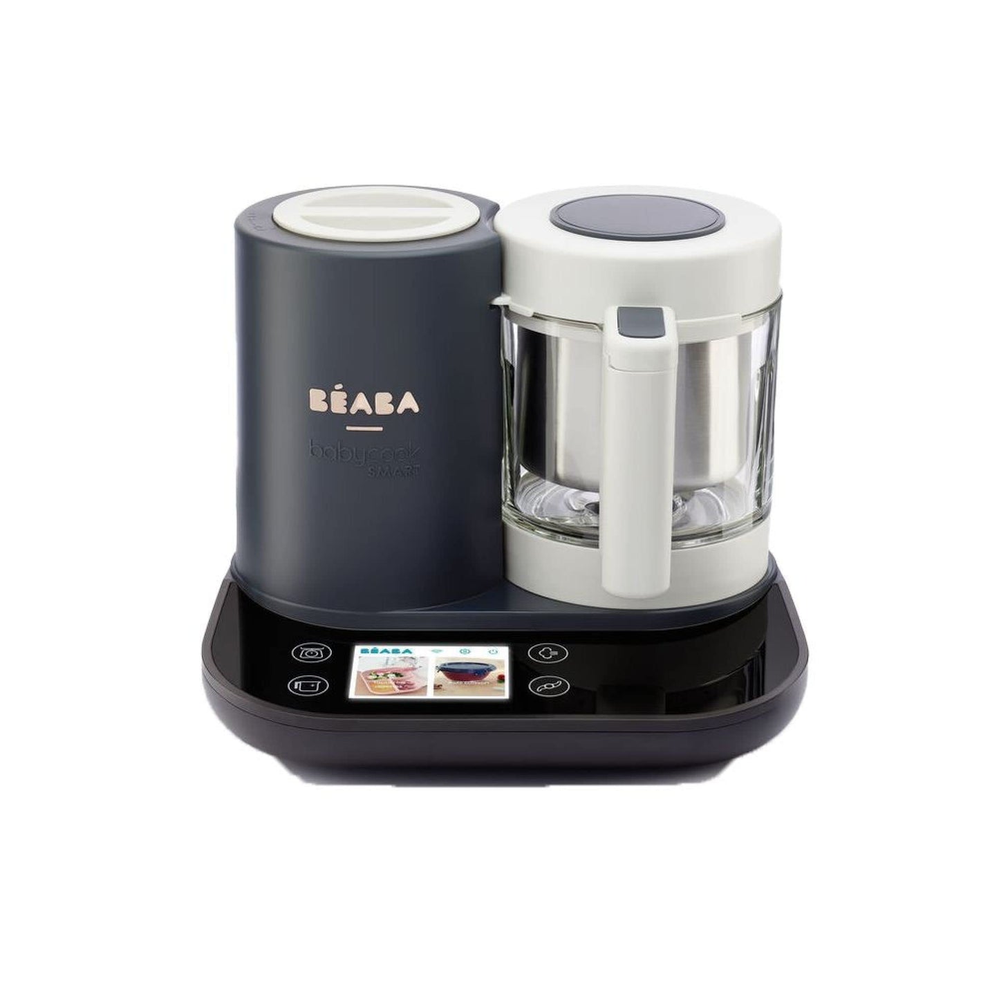 Bērnu pārtikas pagatavošanas aparāts BÉABA Babycook Smart – savienots, ar iebūvētiem svariem, stikla trauku, nerūsējošā tērauda grozu, 2.25L ietilpību, maigu tvaicēšanu, skārienekrānu un lietotni, antracīta krāsā