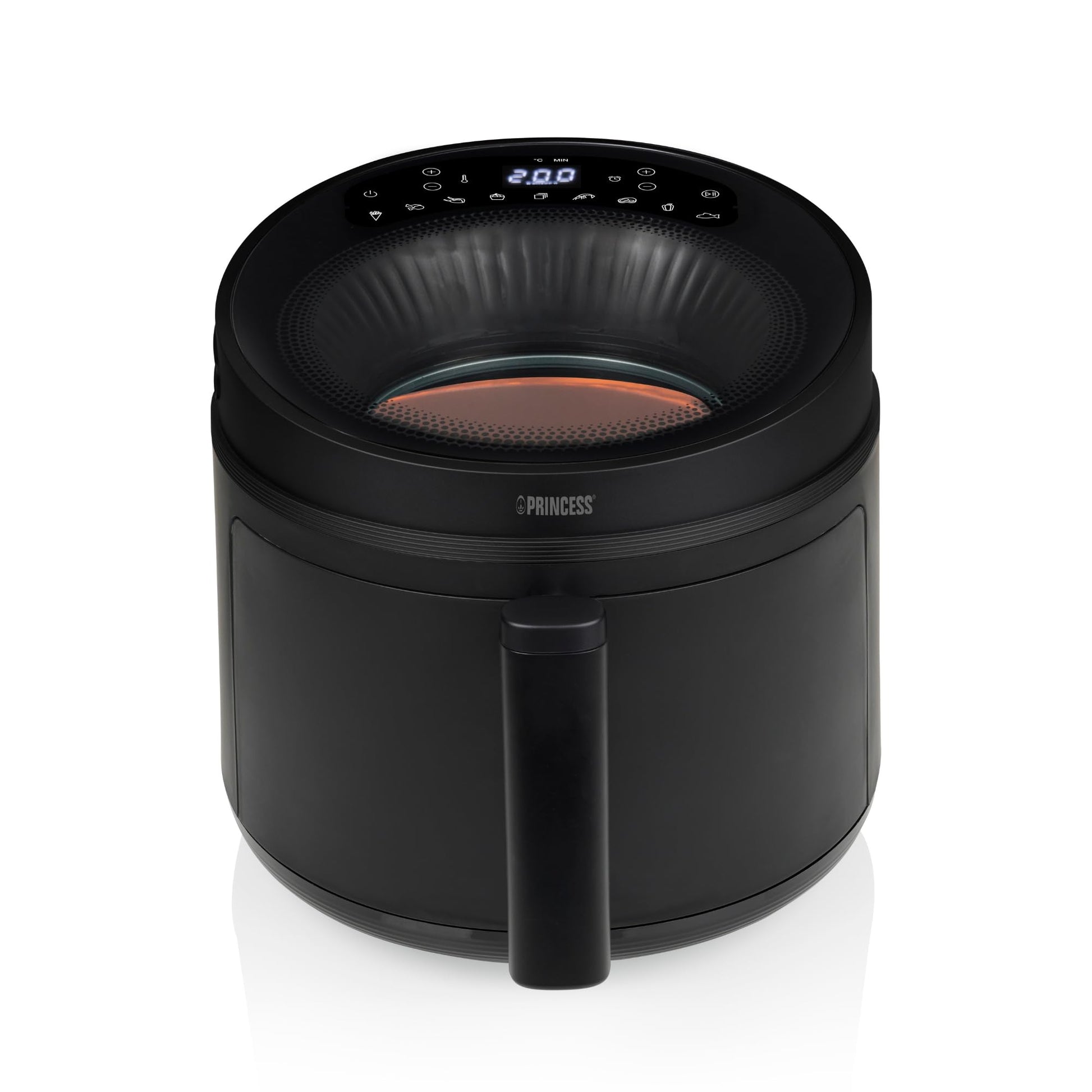 Princess Cyclone Vision Airfryer 5L - 8 cooking presets, non-stick coating, dishwasher-safe parts, 1500W power.