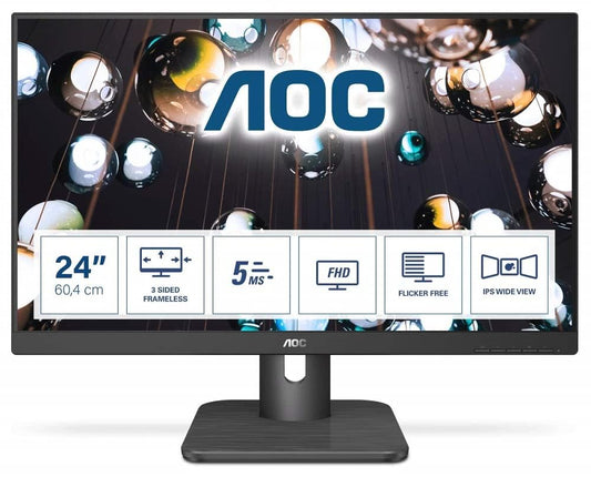 AOC 24E1Q - 24" FHD monitor, 1920x1080 resolution, 60 Hz, VGA, HDMI, DisplayPort, sleek black design.