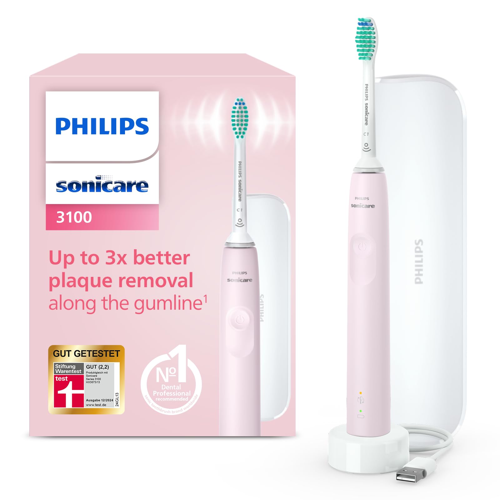Philips Sonicare 3100 elektriskā zobu birste, skaņas zobu birste, spiediena kontrole un taimeris, ceļojumu maciņš, Sugar Rose, modelis HX3673/11