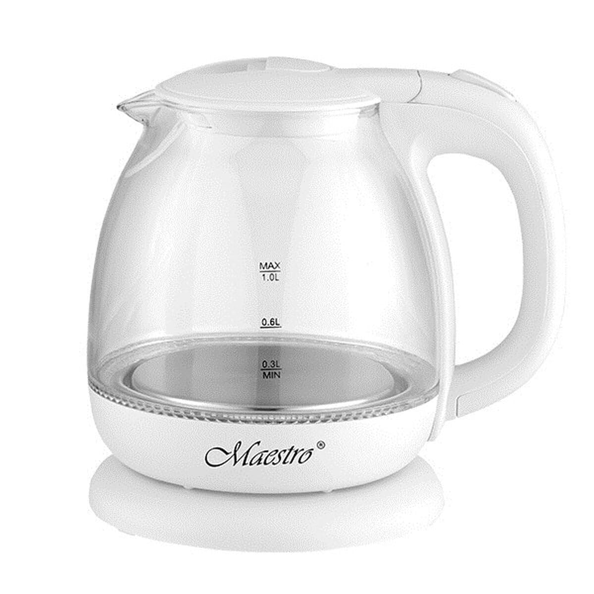 Feel-Maestro MR-055-WHITE Electric Kettle - 1L capacity, 1100W power, sleek white design, fast boiling.