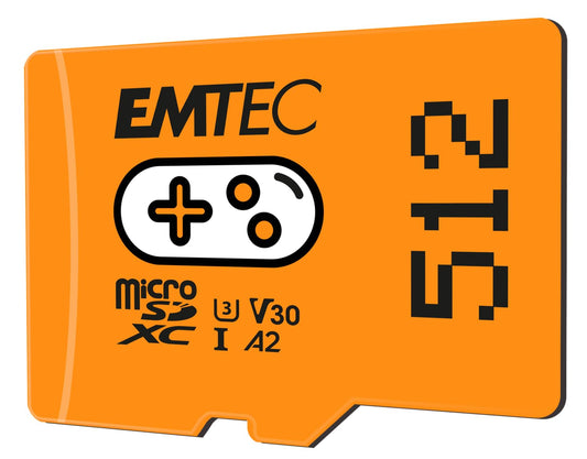 7. Emtec Gaming ECMSDM512GXCU3G MicroSD karte, 512 GB, rakstīšanas ātrums 95 MB/s, lasīšanas ātrums 100 MB/s, oranža