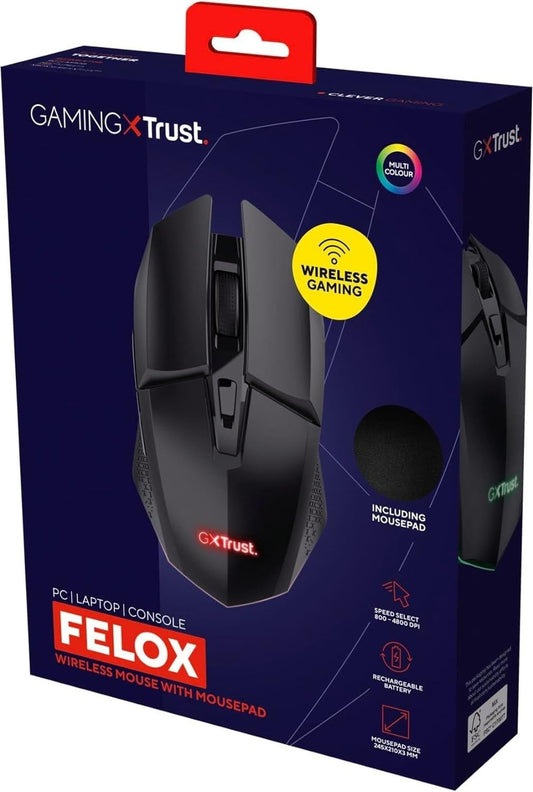 Trust Gaming GXT 112 Felox - Rechargeable wireless gaming mouse, 80-hour battery, 800-4800 DPI, 6 buttons, includes mouse pad.