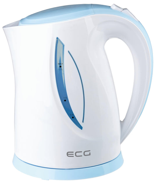 ECG RK 1758 Blue - 1.7L electric kettle, blue and white, durable plastic, stylish design for quick boiling.