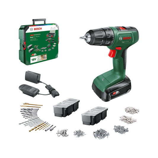 Bosch EasyDrill 18V-40 - 241-piece bit set, 1.5Ah battery, charger, for drilling and screwing in wood, metal, and plastic.