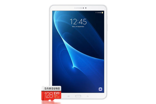 Samsung Galaxy Tab A T580 25,54 cm (10,1 collas) planšetdators (1,6 GHz Octa-Core, 2GB RAM, 32GB eMMC, Wifi, Android 7.0) balts + Samsung Evo Plus Micro SDXC 128GB