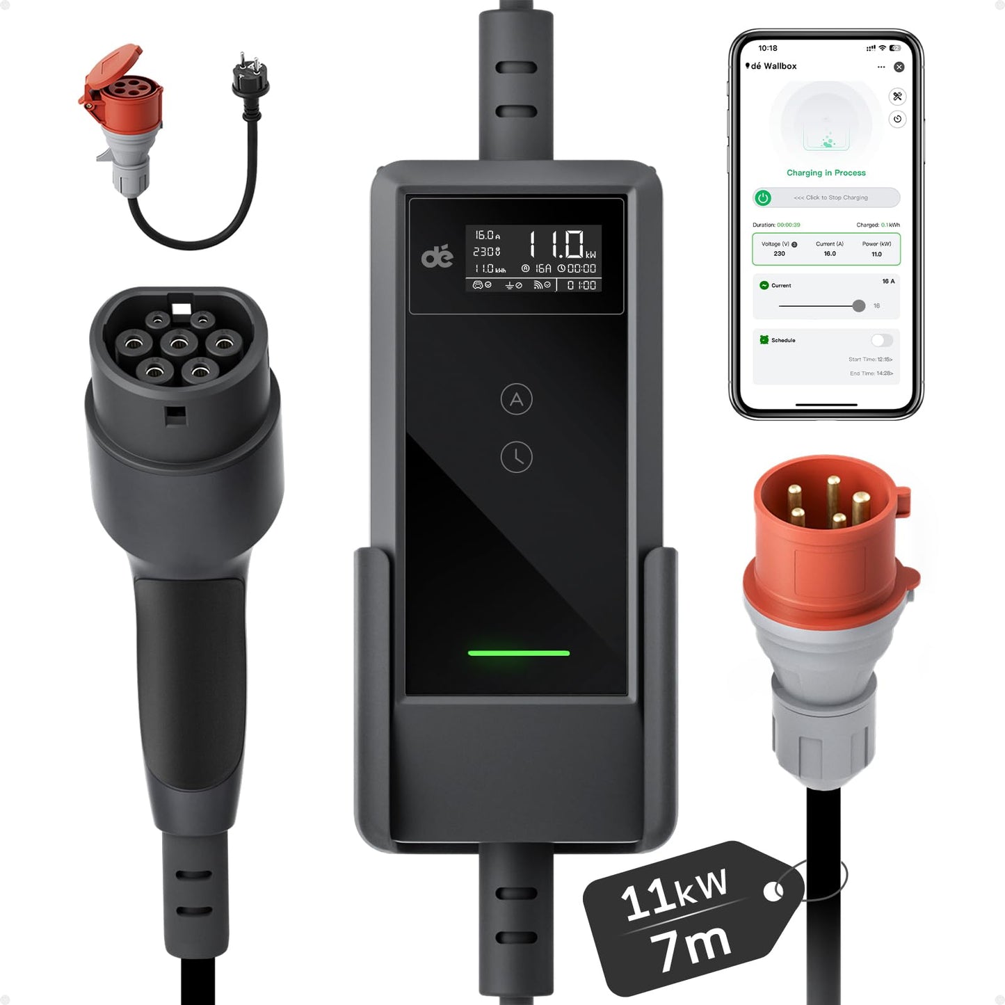 Pārnēsājama wallbox dé 11kW ar APP, 7m, 3 fāzes, 6–16 A