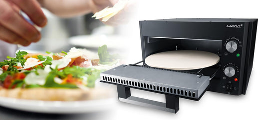 Steba Power-Pizzabāka PB 1000, ieskaitot picas akmeni ar diametru 30 cm, pakāpeniska temperatūras regulēšana no 160-400°C, ļoti augsta siltuma jauda līdz 1800W, taimeris, pārkaršanas aizsardzība, Cool-Touch korpuss