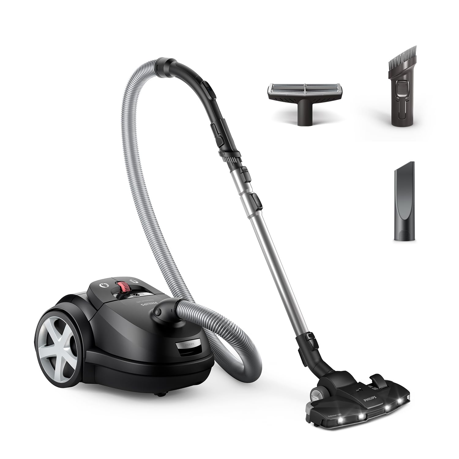 Philips 8000 sērijas putekļsūcējs - 900 W motors, TriActive+ LED uzgalis, HEPA filtrs, 12 m darbības rādiuss, dziļi melns.