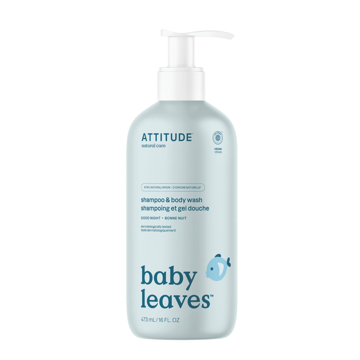 Bērnu šampūns un ķermeņa mazgāšanas līdzeklis ATTITUDE Baby Leaves 2 vienā, hipoalerģisks, mandeļu piens, 473 ml