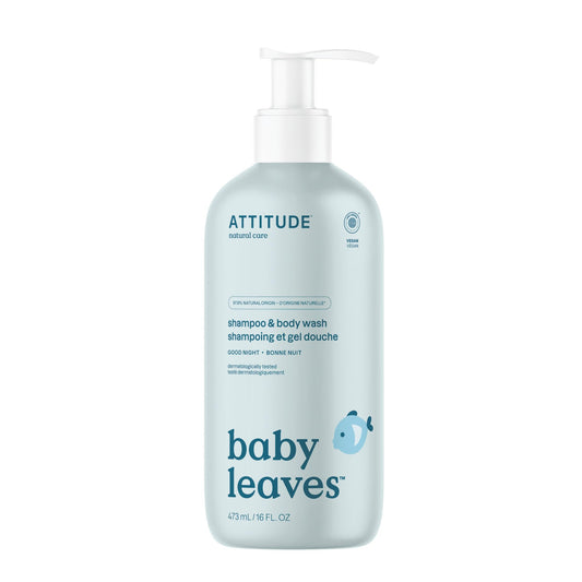Bērnu šampūns un ķermeņa mazgāšanas līdzeklis ATTITUDE Baby Leaves 2 vienā, hipoalerģisks, mandeļu piens, 473 ml