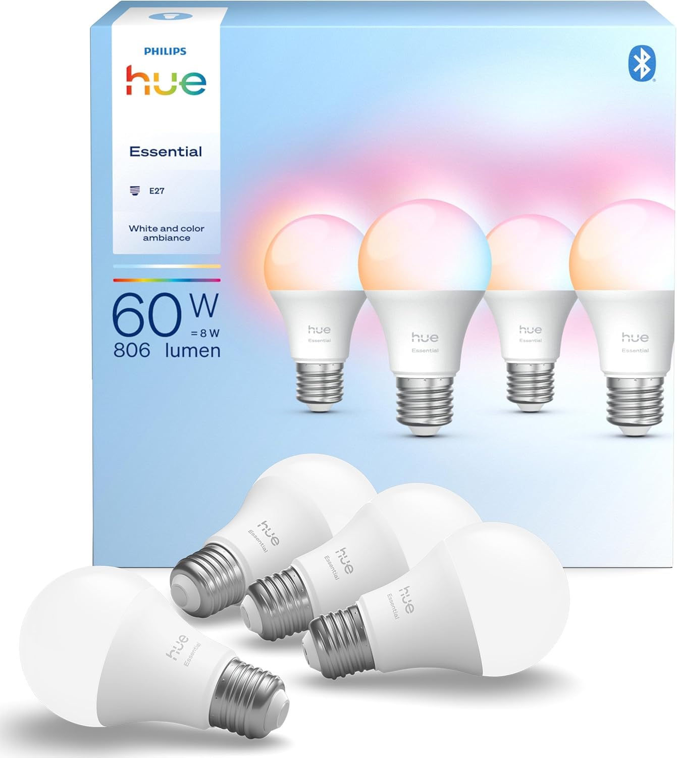 Viedā LED spuldze Philips Hue Essential A60, balta un krāsaina gaisma, E27, 8W, 2200K-6500K, 806 Lumen, regulējama, saderīga ar Alexa, Google Assistant un Apple Home, 4 gab.