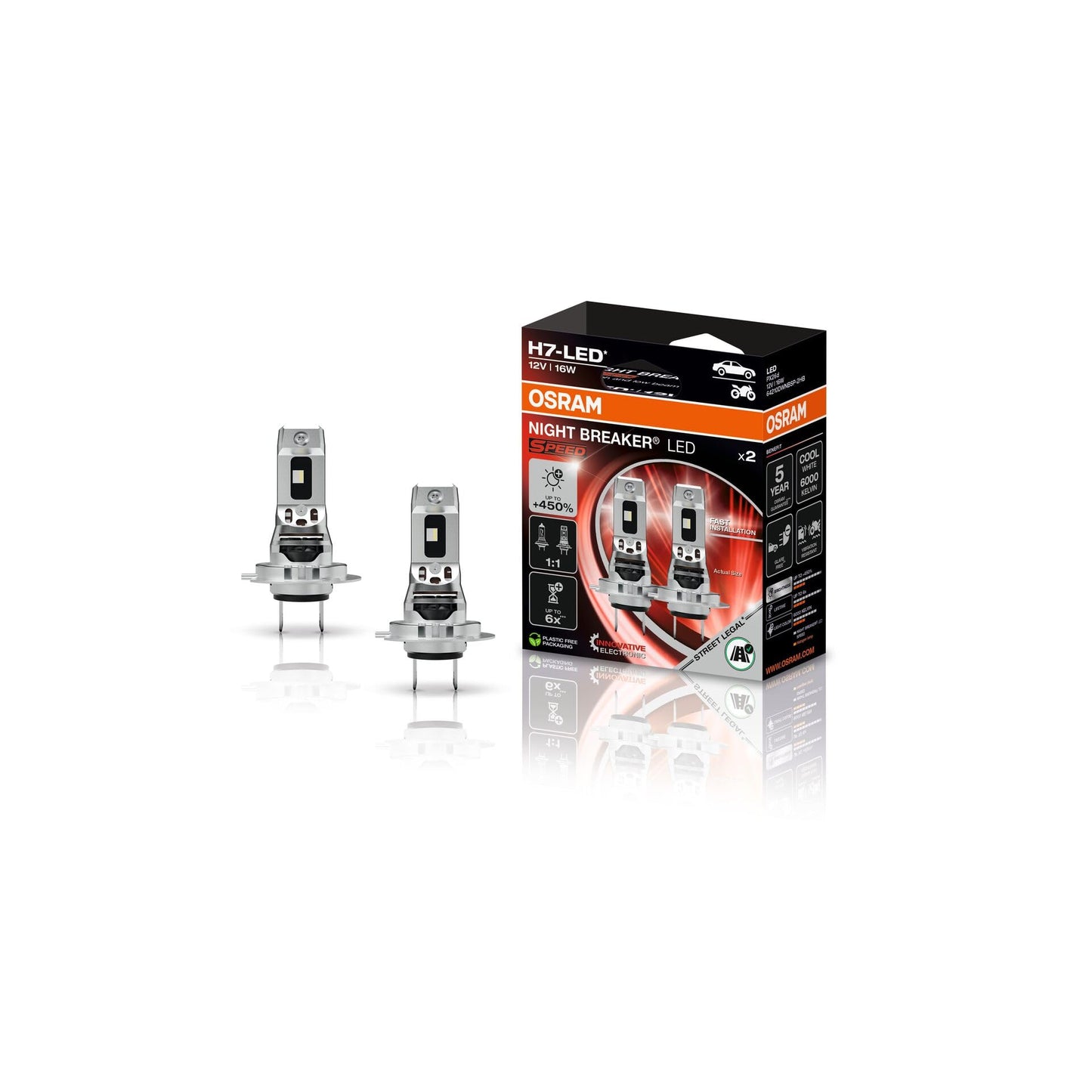 Automašīnas LED priekšējās un tālās gaismas spuldzes OSRAM NIGHT BREAKER LED SPEED H7 450, ielas apstiprinājums, 6000K