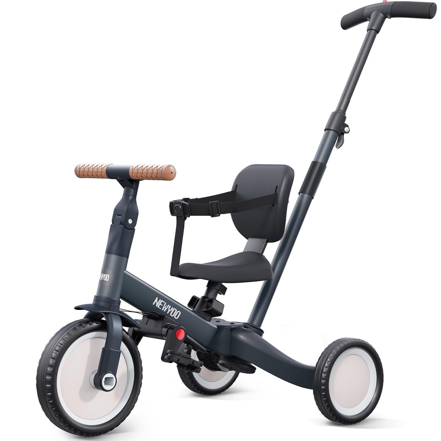 newyoo TR007 5-in-1 trīsritenis ar stumšanas stieni 1-3 gadi, tumši pelēks