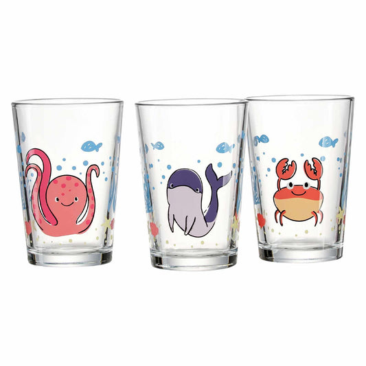 Bērnu glāzes Ritzenhoff & Breker Unterwasserwelt, 3 gab. komplekts, 205 ml, ar dzīvnieku motīviem, astoņkājis/delfīns/vēzis, mazgājamas trauku mazgājamā mašīnā