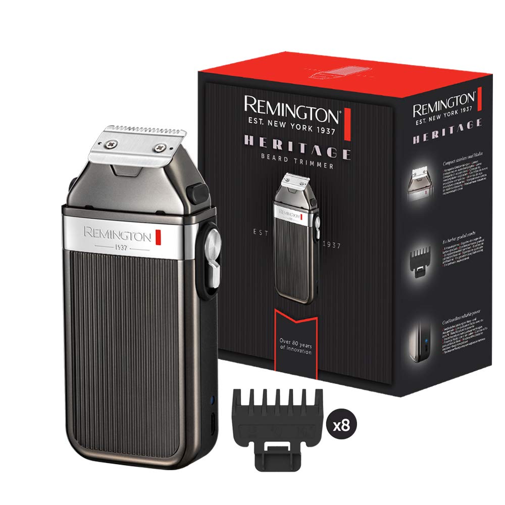 Barttrimmer Remington Heritage Retro Design, nerūsējošā tērauda asmeņi, USB uzlāde, 8 uzgaļi 1,5-15mm, ar vadu/bezvadu, MB9100, pelēks