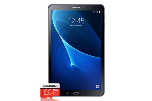 Samsung Galaxy Tab A T580 25,54 cm (10,1 collas) planšetdators (1,6 GHz Octa-Core, 2GB RAM, 32GB eMMC, Wifi, Android 6.0) melns + Samsung Evo Plus Micro SDXC 128GB