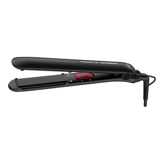 Rowenta SF161L x Karl Lagerfeld Easyliss matu taisnotājs, vienas pogas vadība, keramikas-turmalīna pārklājums, kustīga plākšņu sistēma, taisnošanas un lokāšanas funkcija, konstanta 200°C, melns/sarkans, 1 gabals