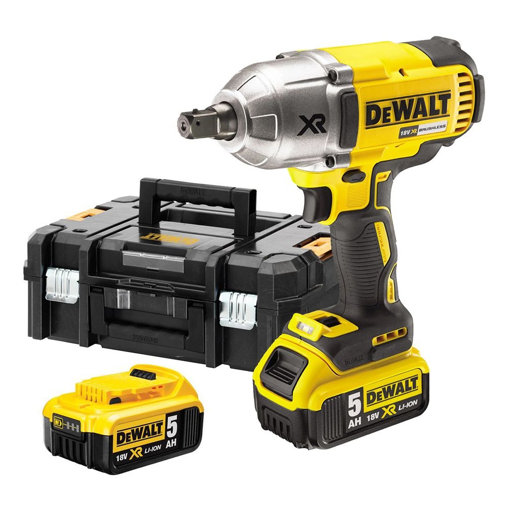 DEWALT DCF899P2 - 18V impact wrench, 950 Nm torque, 1/2" drive, LED light, includes 2 batteries and fast charger.