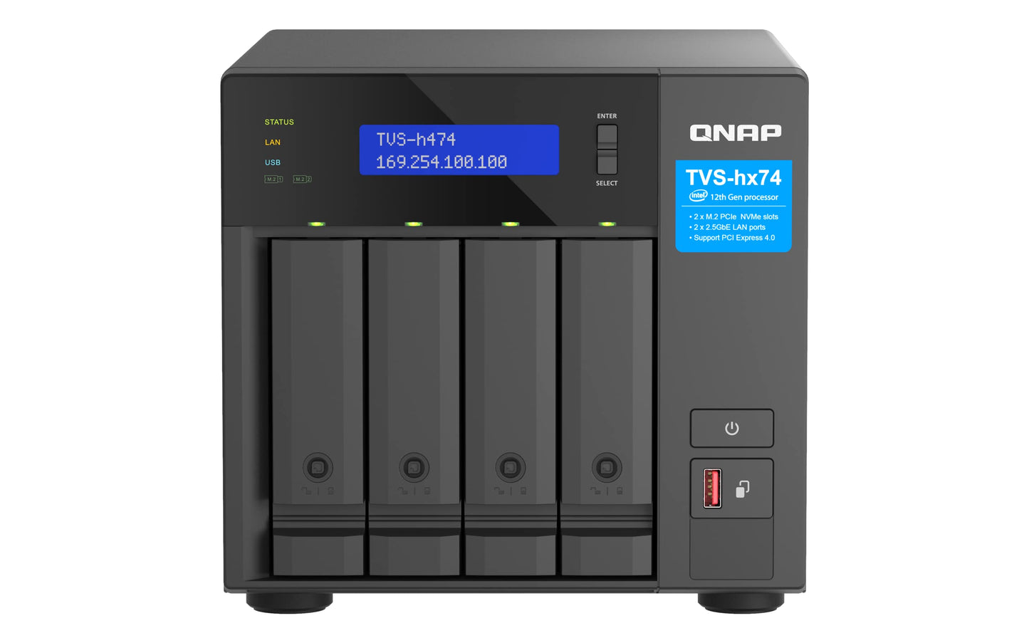 Qnap TVS-h474-PT-8G featuring Intel Pentium Gold processors, 8 GB RAM, and PCIe Gen 4 in a sleek black design.