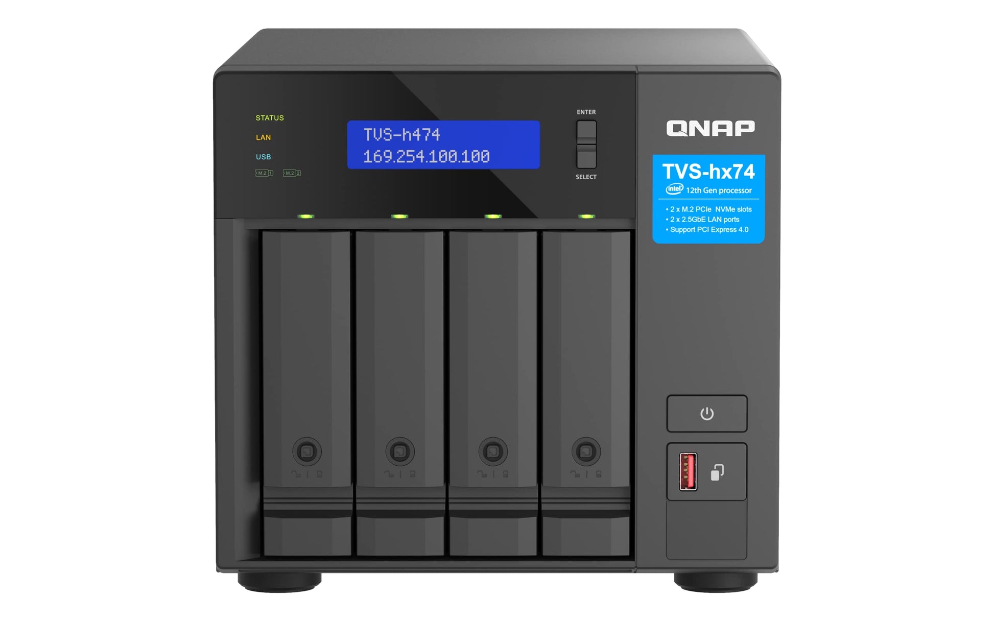Qnap TVS-h474-PT-8G featuring Intel Pentium Gold processors, 8 GB RAM, and PCIe Gen 4 in a sleek black design.