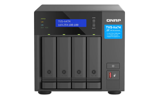 Qnap TVS-h474-PT-8G featuring Intel Pentium Gold processors, 8 GB RAM, and PCIe Gen 4 in a sleek black design.
