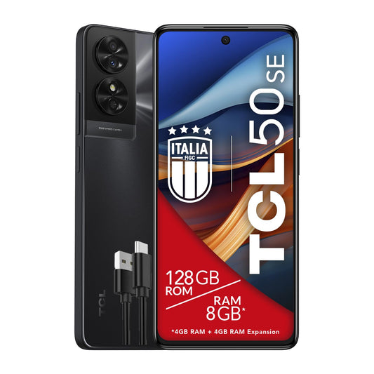 TCL 50SE - 6.78" FHD+ display, 50 MP hybrid camera, 128 GB storage, 8 GB RAM, Android 14, 5010 mAh battery, gray.