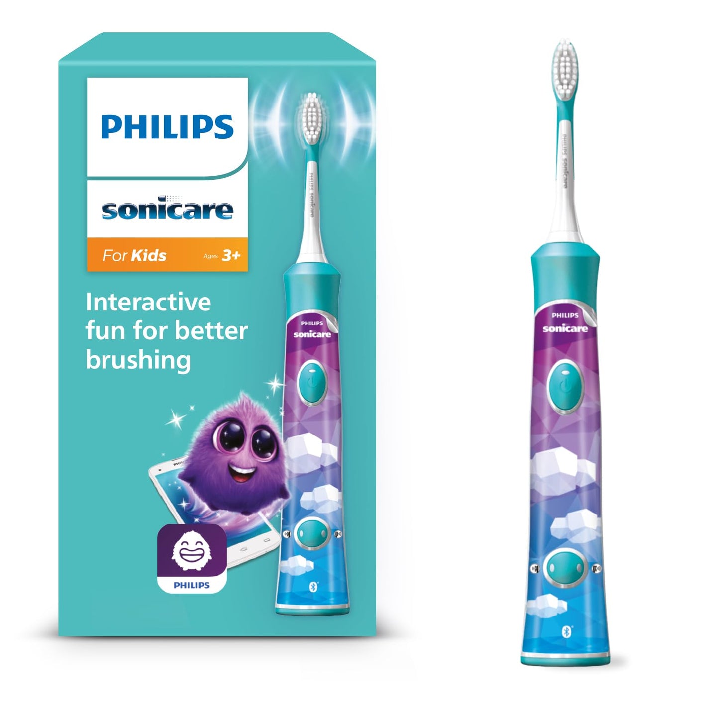 Philips Sonicare For Kids elektriskā skaņas zobu birste ar lietotni bērniem no 3 gadu vecuma, SmarTimer, QuadPacer, tirkīza, HX6322/04