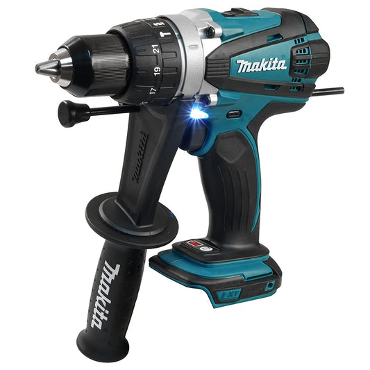 Makita DHP458Z - 18V cordless drill, 13mm chuck, 58/91 Nm torque, ideal for heavy-duty tasks.