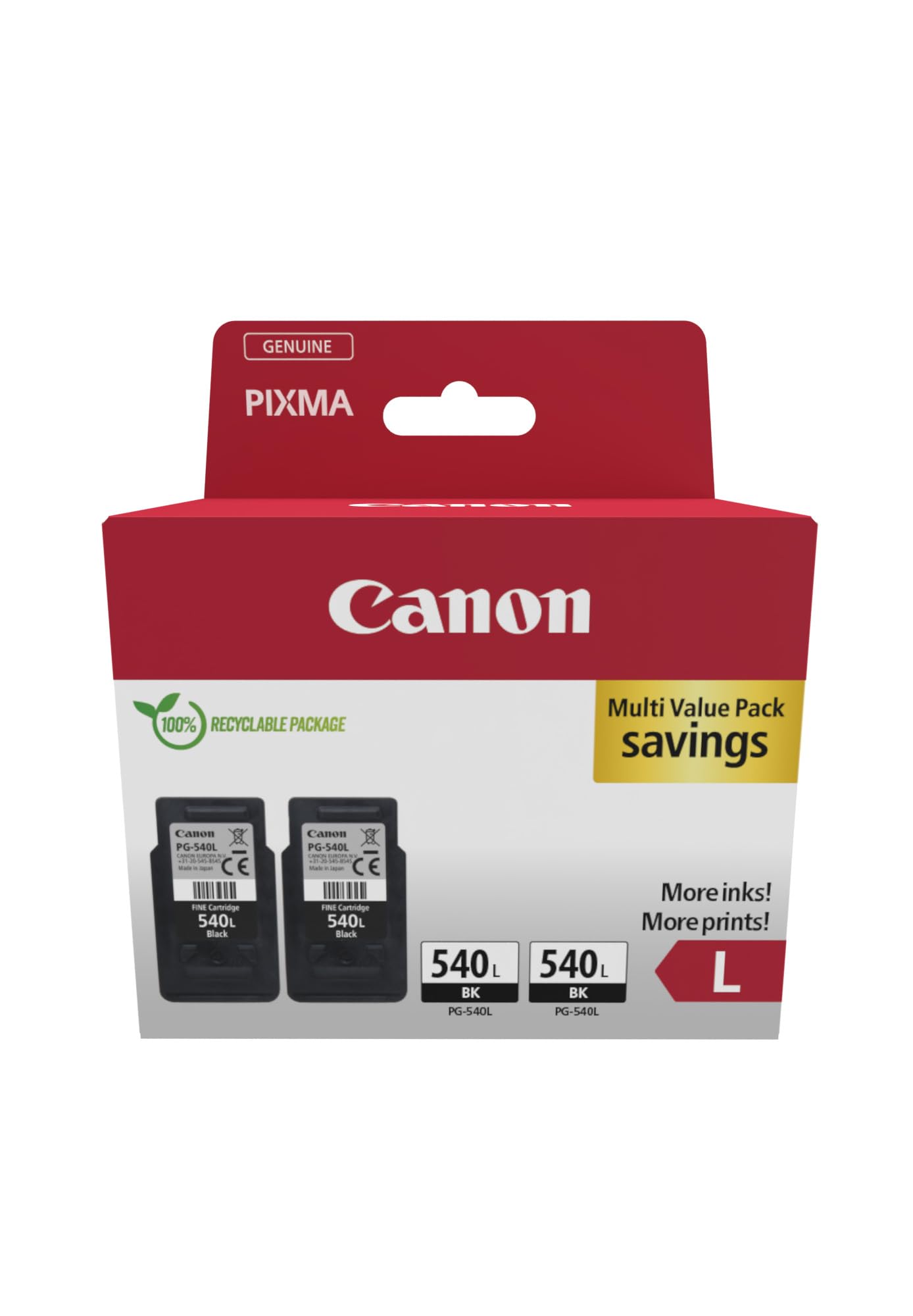 Canon PG-540L - 2 black original ink cartridges, high capacity, eco-friendly packaging, perfect for quality printing.