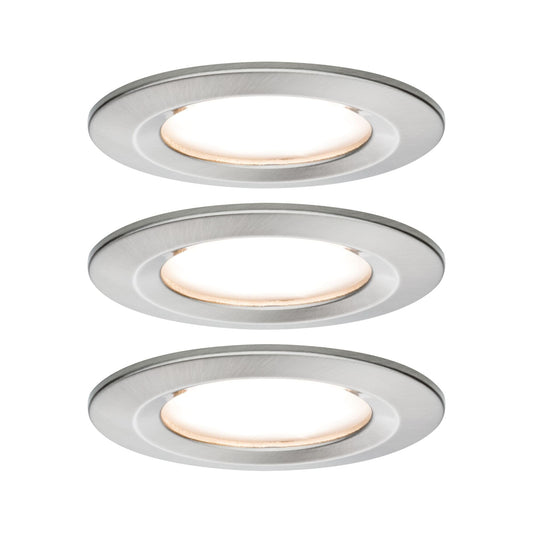 Paulmann 93873 Nova Plus LED iebūvējamais gaismeklis ar Coin komplektu, stacionārs, IP44, apaļš 78mm, 3x6W 230V, dimmējams 2700K, dzelzs birstēts, spot prožektors