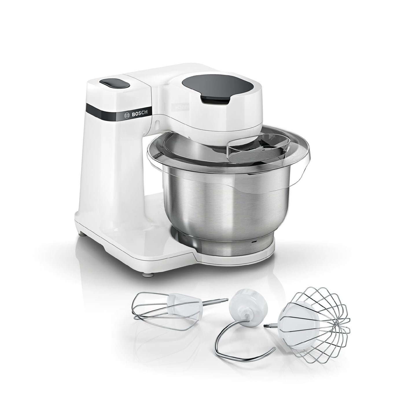 Bosch virtuves mašīna sērija 2 MUMS2EW00, nerūsējošā tērauda bļoda 3,8 L, planētas maisītājs, mīcīšanas āķis, putošanas un maisīšanas sloti nerūsējošā tērauda, 4 darba posmi, paplašināma ar papildu piederumiem, 700W, balta