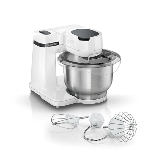 Bosch virtuves mašīna sērija 2 MUMS2EW00, nerūsējošā tērauda bļoda 3,8 L, planētas maisītājs, mīcīšanas āķis, putošanas un maisīšanas sloti nerūsējošā tērauda, 4 darba posmi, paplašināma ar papildu piederumiem, 700W, balta