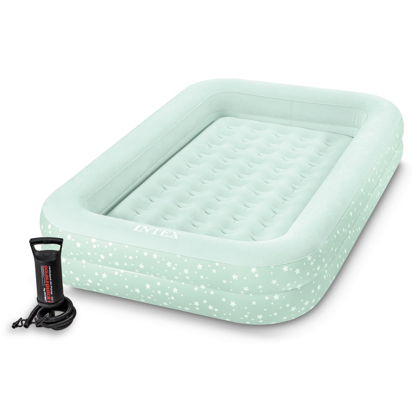 Bērnu piepūšamā gulta INTEX KidzTravel 3-6 gadiem, 71×132×10 cm, ar apmali, ar gaisa pumpi, minzilganza ar zvaigžņu motīvu