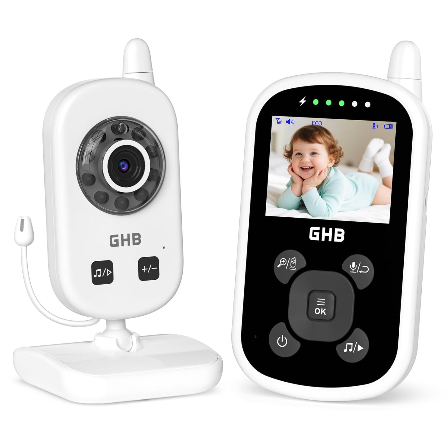 GHB babyphone ar kameru, bērnu monitors ar ECO režīmu, divvirzienu saziņu, ilgu akumulatora darbības laiku un nakts redzi