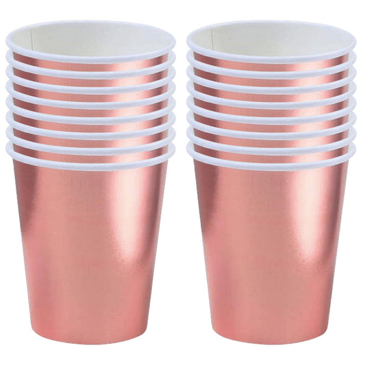 Vienreizlietojamās papīra glāzes POPOYU 250ml, rozā zelta krāsā, 16 gab., 9 oz, kāzu, ballīšu, bērnu pasākumu un karsto un auksto dzērienu glāzes