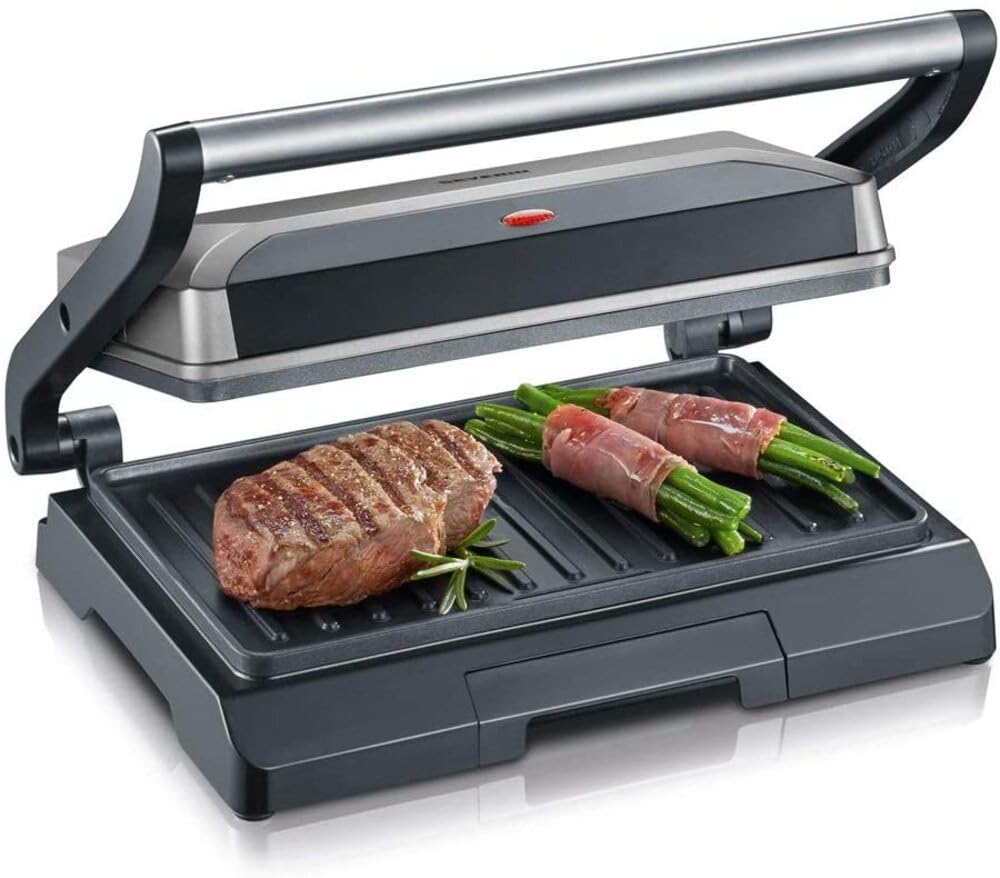 SEVERIN kontaktgrils sviestmaizēm, steikam un kā panini grils, ar nelipīgu pārklājumu sviestmaizes gatavošanai bez taukiem, 800 W, metāliskā pelēkā/melnā krāsā, KG 2394