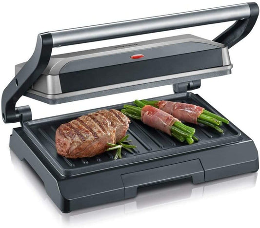 SEVERIN kontaktgrils sviestmaizēm, steikam un kā panini grils, ar nelipīgu pārklājumu sviestmaizes gatavošanai bez taukiem, 800 W, metāliskā pelēkā/melnā krāsā, KG 2394