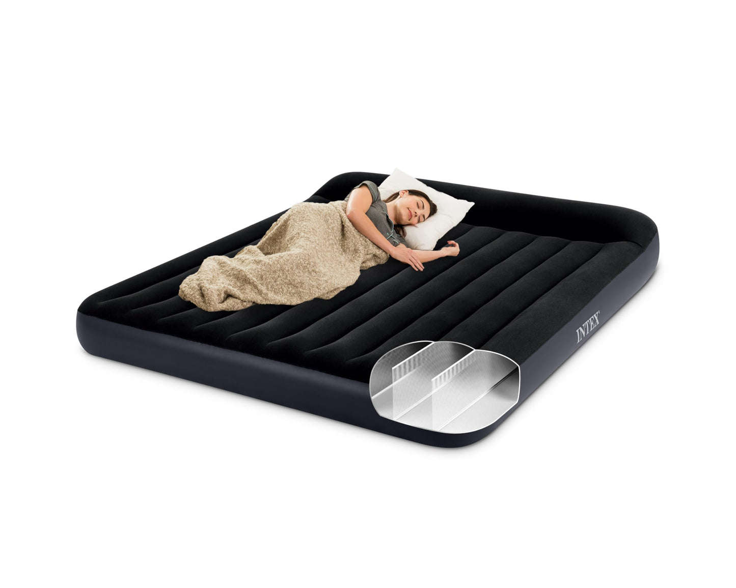 Piepūšamā gulta INTEX Pillow Rest 2 personām ar spilveniem (183×203×25 cm) maks. 272 KG – viesu gulta, piepūšama gulta kempingam, matracis ar Fiber-Tech tehnoloģiju