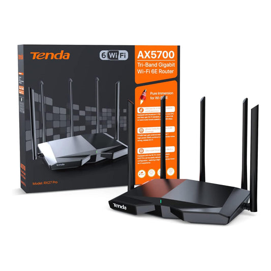 Tenda RX27 Pro WiFi 6E WLAN maršrutētājs (AX5700 Tri-Band 6GHz:2402Mbps+5GHz: 2402Mbps+2,4GHz:861Mbps), 5 * 6dBi antenas, Gigabit ports, MU-MIMO, VPN, IPv6, WPA3, WiFi+ Mesh AR/VR/4K/8K videi, melns
