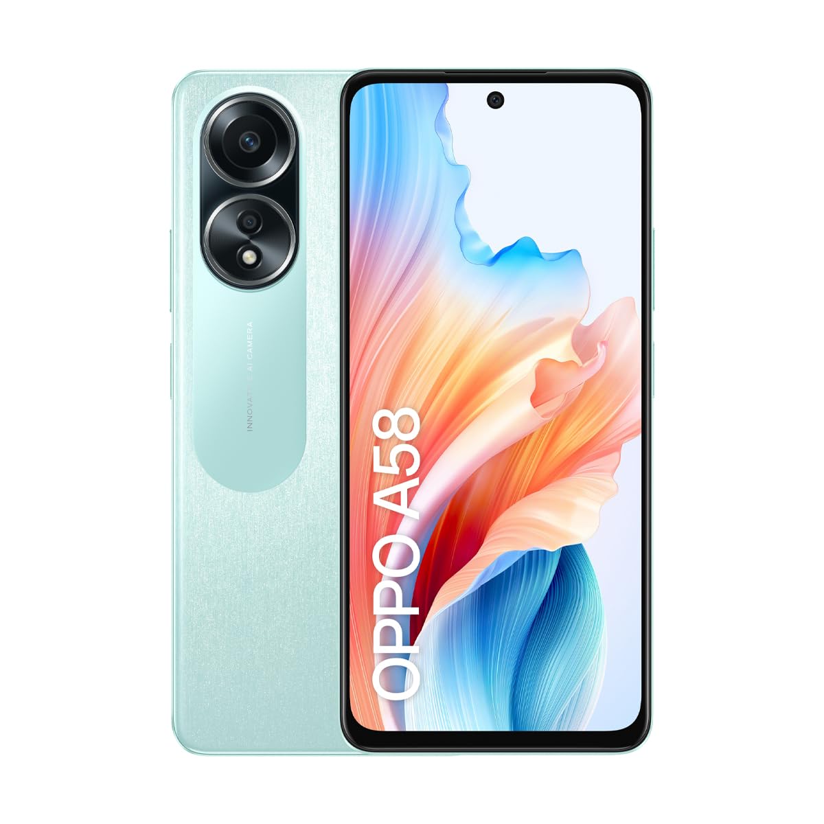 OPPO A58 - 128GB storage, 6GB RAM, Dual-SIM, stunning green color, sleek design, powerful performance.