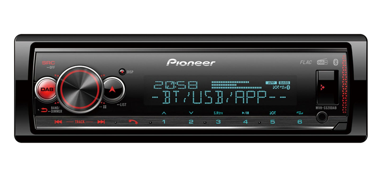 Autoradio Pioneer MVH-S520DAB 1DIN ar RDS un DAB+, RGB apgaismojums, Bluetooth, USB, iPod/iPhone vadība, brīvroku sistēma, Smart Sync, vario color