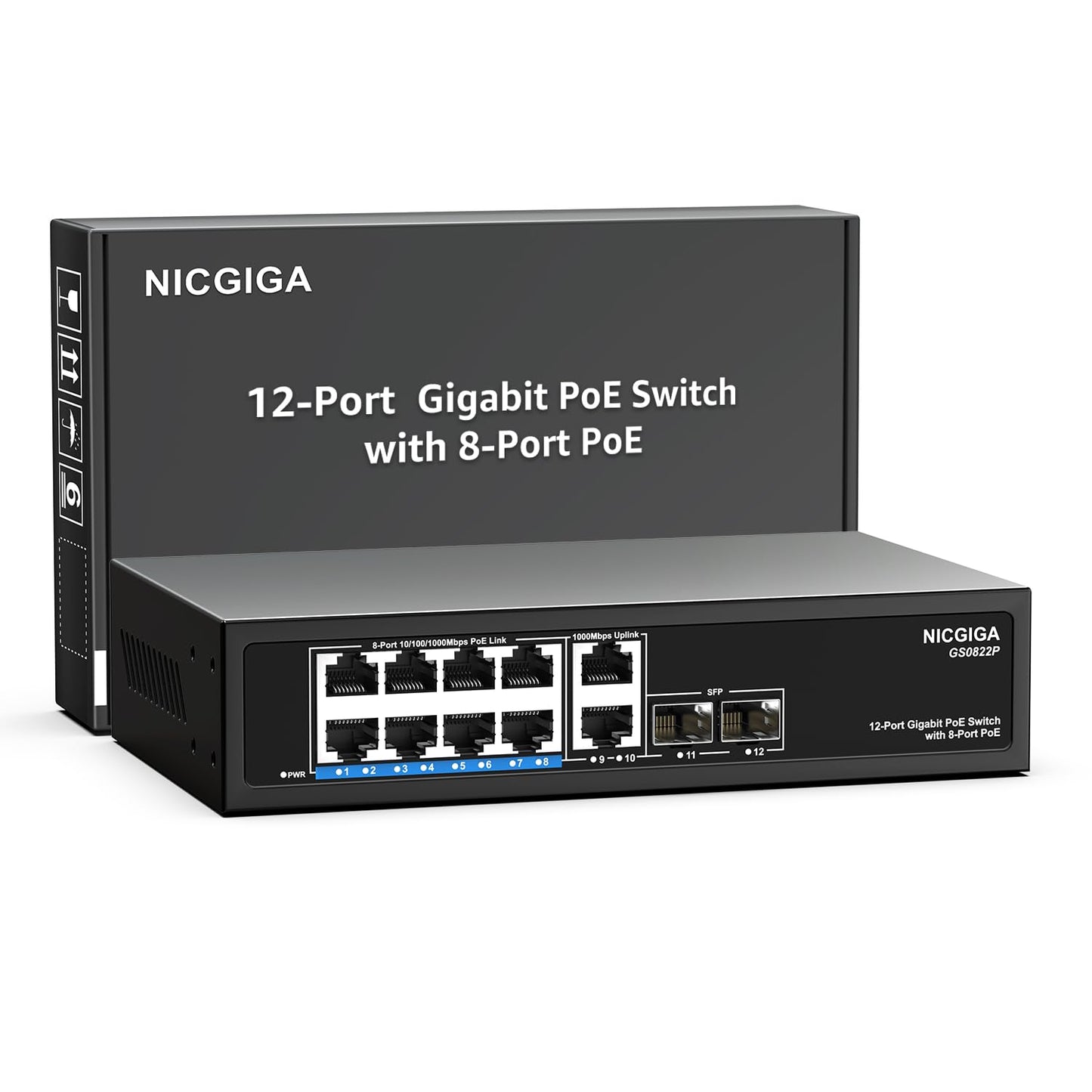 12 portu Gigabit PoE+ nepārvaldāms tīkla komutators NICGIGA ar 8 IEEE802.3af/at PoE+ portiem līdz 120 W, 2 x 1000Mbps augšupsaites portiem un 2 x 1G SFP