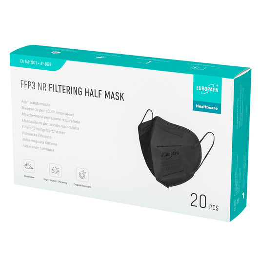 EUROPAPA FFP3 maskas melnas, 20 gab., 5 slāņu putekļu maskas, higiēniski iepakotas atsevišķi, sertificētas EN149:2001+A1:2009, sejas maska EU2016/425